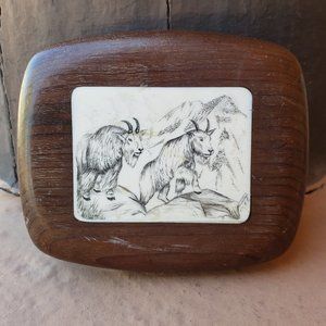Mountain Goats Scrimshaw Style Wooden Belt Buckle